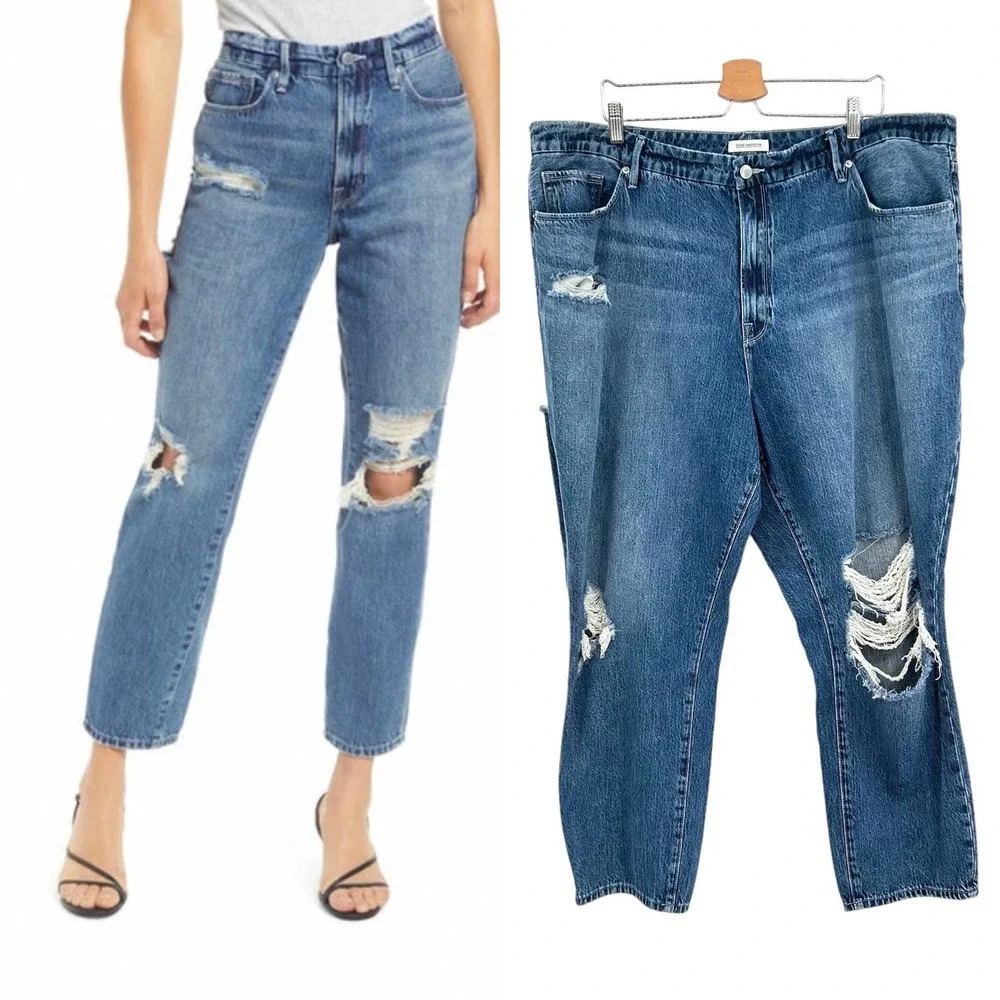 Good American Good Vintage Ripped Ankle Straight Leg Jeans In Blue484‎ Size 20